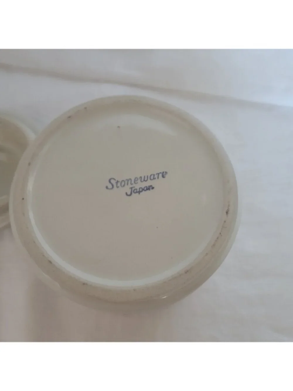 Stoneware Japan Sugar Bowl Vtg Cream w/blue stripe w/lid functional Country EUC